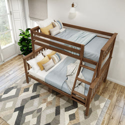 Wooden bunk bed with blue and yellow bedding in a modern bedroom with geometric patterned rug.