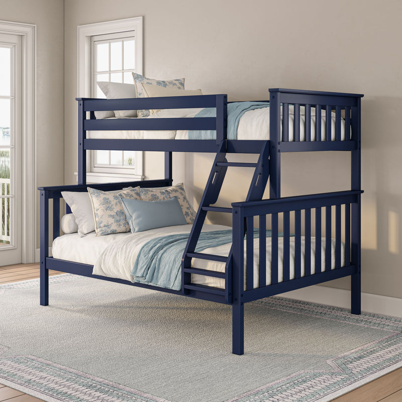 Navy blue wooden bunk bed with ladder in sunlit kids' bedroom, layered blue throws and floral pillows against neutral walls