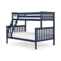 Navy blue wooden loft-style bunk bed with ladder and slatted rails, modern kids' bed with white mattress