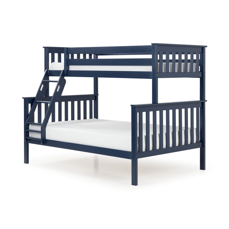 Navy blue wooden loft-style bunk bed with ladder and slatted rails, modern kids' bed with white mattress