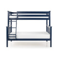 Modern navy blue wooden bunk bed for kids with ladder and white mattresses on white background