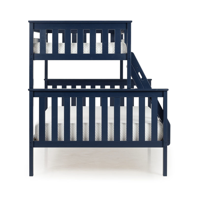 Navy blue wooden twin-over-twin bunk bed with ladder, slatted rails and white mattresses — space-saving modern kids' bedroom furniture