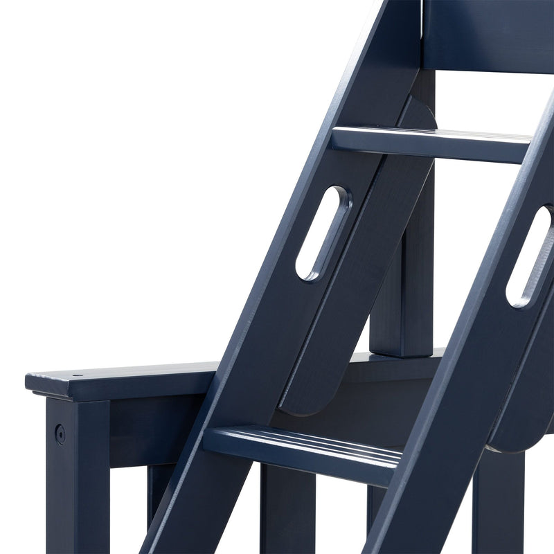 Close-up of navy blue wooden Adirondack chair armrest and slatted seat, durable outdoor patio seating detail