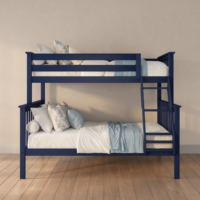 Navy blue wooden bunk bed with white and light-blue bedding and floral pillows in a cozy modern kids' bedroom with hardwood floors and beige wall