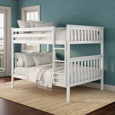 White wooden bunk bed with neutral linen bedding and ladder against a teal textured accent wall in a bright modern kids' bedroom with hardwood floor and jute rug