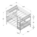 Isometric assembly diagram of wooden twin-over-twin bunk bed frame showing slatted rails, ladder, guardrails and detailed dimensions (81.5" x 57.75" x 65" with 36", 14.5", 11.5" and 58.5" measurements)