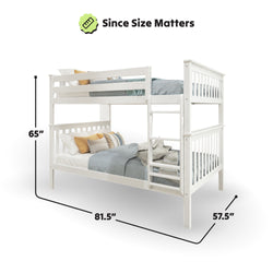 White wooden bunk bed with dimensions: 65 inches tall, 81.5 inches long, 57.5 inches wide, featuring side ladder and pillows.