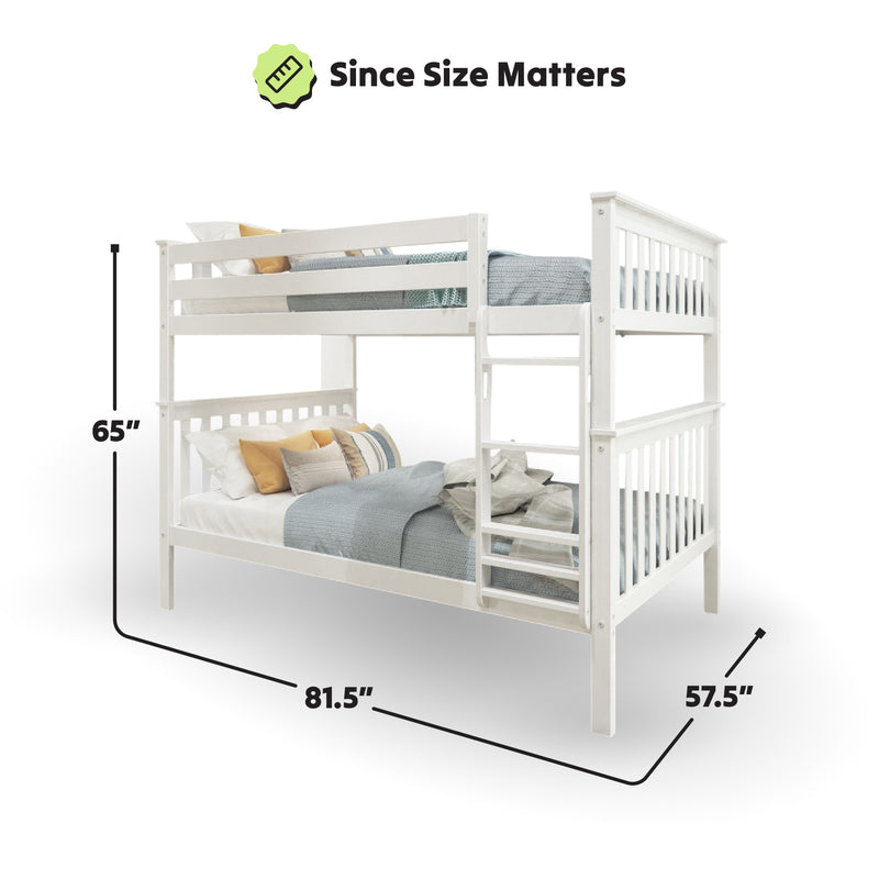 White wooden bunk bed with dimensions: 65 inches tall, 81.5 inches long, 57.5 inches wide, featuring side ladder and pillows.