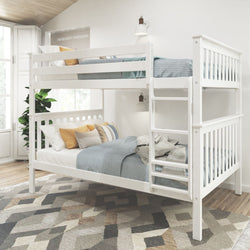 White twin bunk bed with blue bedding and cozy pillows in modern bedroom setting.