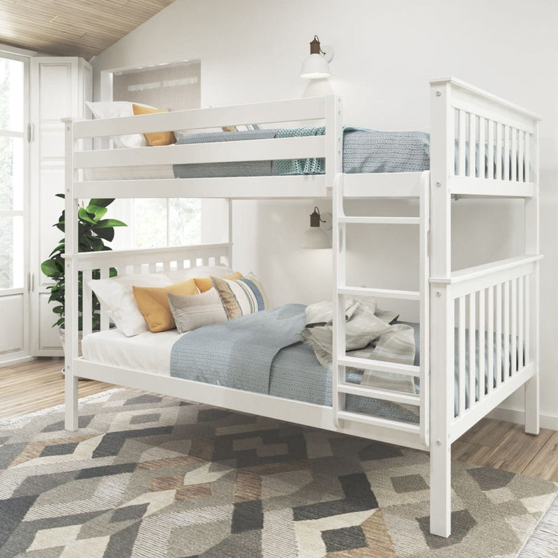 White twin bunk bed with blue bedding and cozy pillows in modern bedroom setting.