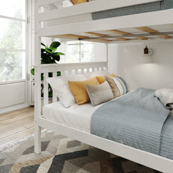 White bunk beds with blue and yellow bedding in a bright, modern bedroom.