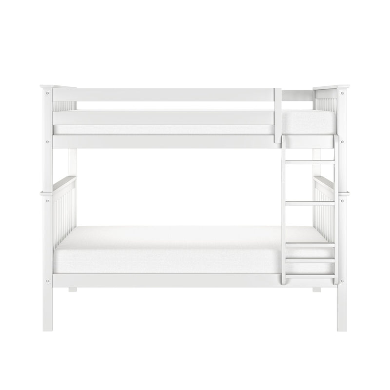 White wooden bunk bed frame with integrated ladder and safety guardrails, modern minimalist kids' loft bed with clean white finish