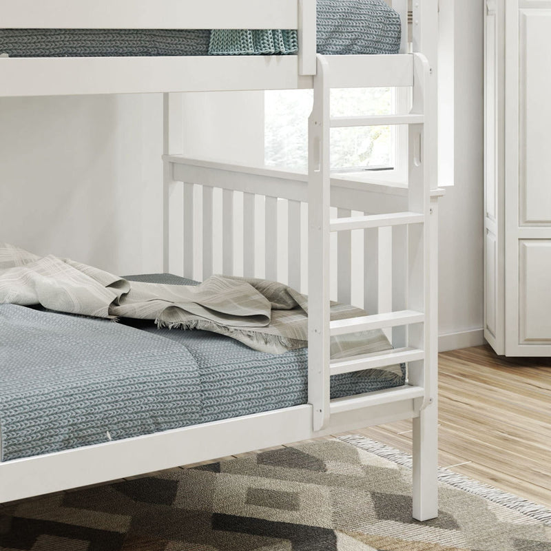 White wooden bunk bed with gray bedding in a bright modern bedroom.