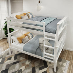 White wooden bunk bed with gray bedding and colorful pillows in a modern bedroom setting.