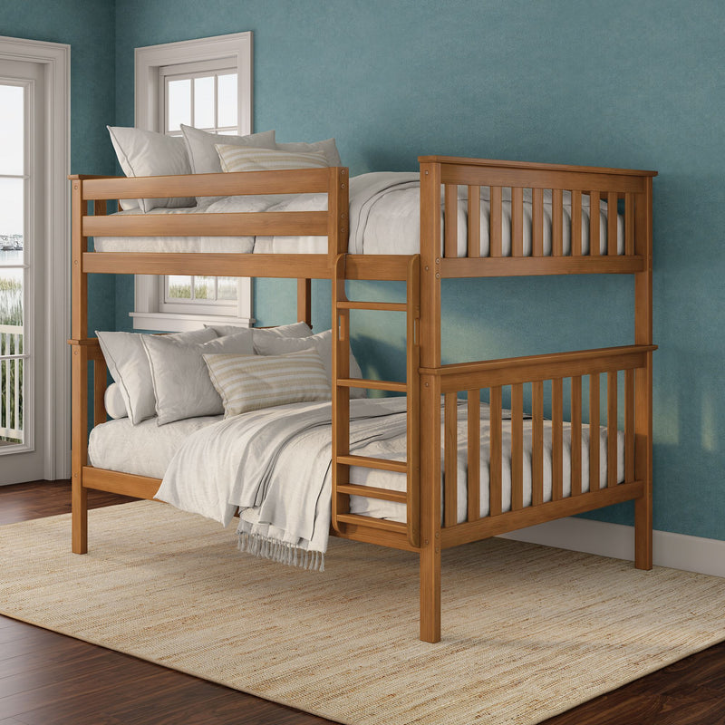 Solid wood bunk bed with ladder in coastal bedroom, teal textured wall, white linen bedding and striped pillows