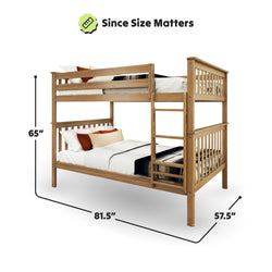 Wooden bunk bed with measured dimensions 65 inches tall, 81.5 inches long, and 57.5 inches wide, featuring two mattresses.