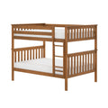 Wooden twin-over-full bunk bed with built-in ladder and slatted headboards in warm oak-tone finish — space-saving loft bed for kids' bedroom