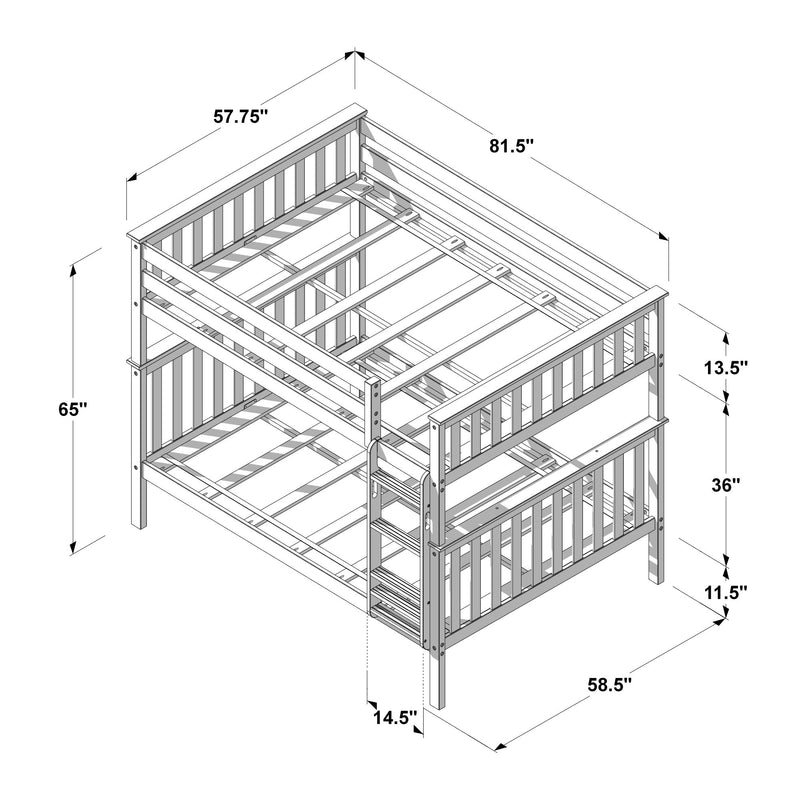 Detailed assembly diagram and dimensional drawing of a wooden slatted bunk bed frame with built-in ladder, guard rails, mattress supports and measurements