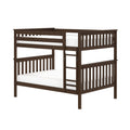 Dark brown wooden twin-over-full bunk bed with ladder and slatted guardrails, loft-style solid wood bed frame with white mattress for kids' bedroom