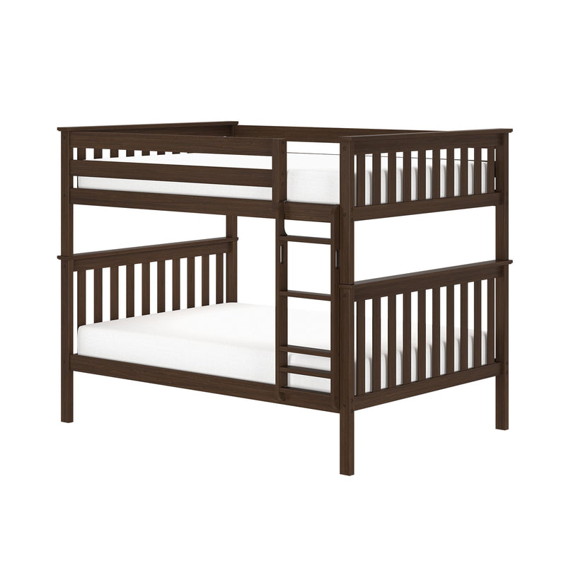 Dark brown wooden twin-over-full bunk bed with ladder and slatted guardrails, loft-style solid wood bed frame with white mattress for kids' bedroom