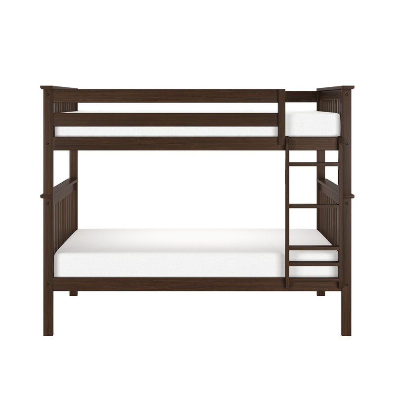 Dark walnut wooden twin-over-full bunk bed with slatted headboards, safety rails, built-in ladder, and white mattresses