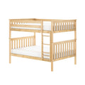 Light natural wood twin-over-full bunk bed with integrated ladder, slatted guardrails and white mattresses — minimalist kids' loft bed