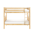 Solid wood bunk bed with ladder and slatted guardrails in natural maple finish and white mattresses — space-saving kids' bedroom furniture