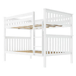 White wooden twin-over-twin bunk bed with ladder and slatted design for kids' bedroom.