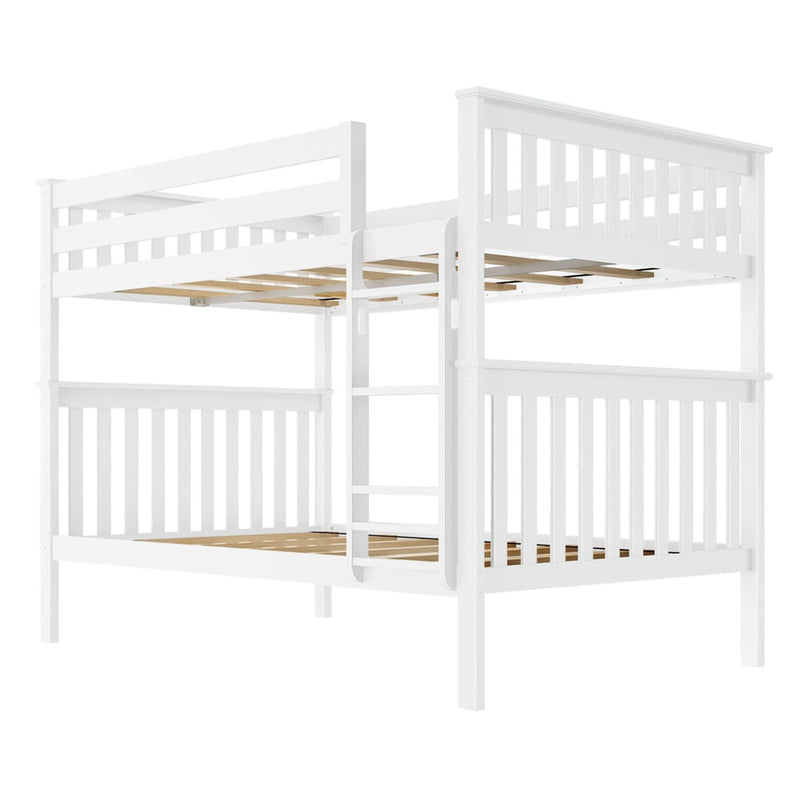 White wooden twin-over-twin bunk bed with ladder and slatted design for kids' bedroom.