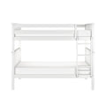 White wooden twin-over-full loft bunk bed with side ladder and guardrails, modern space-saving kids bedroom furniture