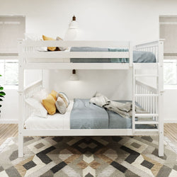 White wooden bunk bed with modern bedding and decorative pillows in a stylish bedroom.