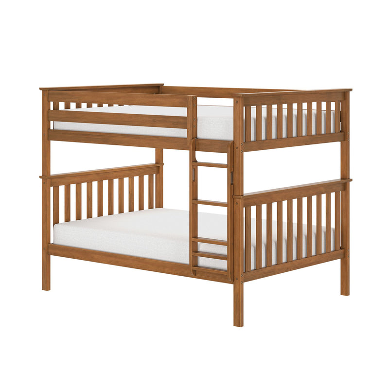 Loft-style wooden bunk bed in honey oak finish with slatted rails, built-in ladder and white mattresses — space-saving top and bottom bunks ideal for kids' bedrooms