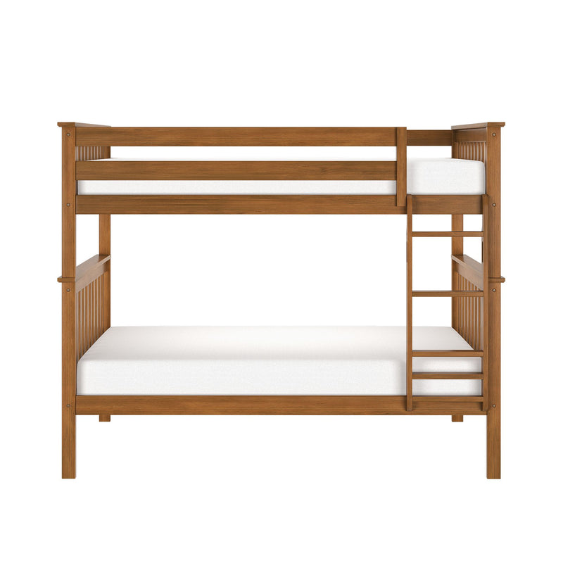 Twin-over-full wooden bunk bed with side ladder, slatted headboard and footboard, natural wood finish and white mattresses — space-saving kids' bedroom furniture