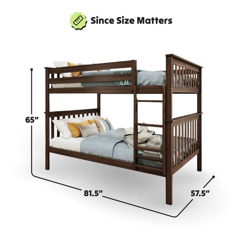 Wooden bunk bed with dimensions 65x81.5x57.5 inches, shown with bedding, ideal for maximizing space in kids' rooms.