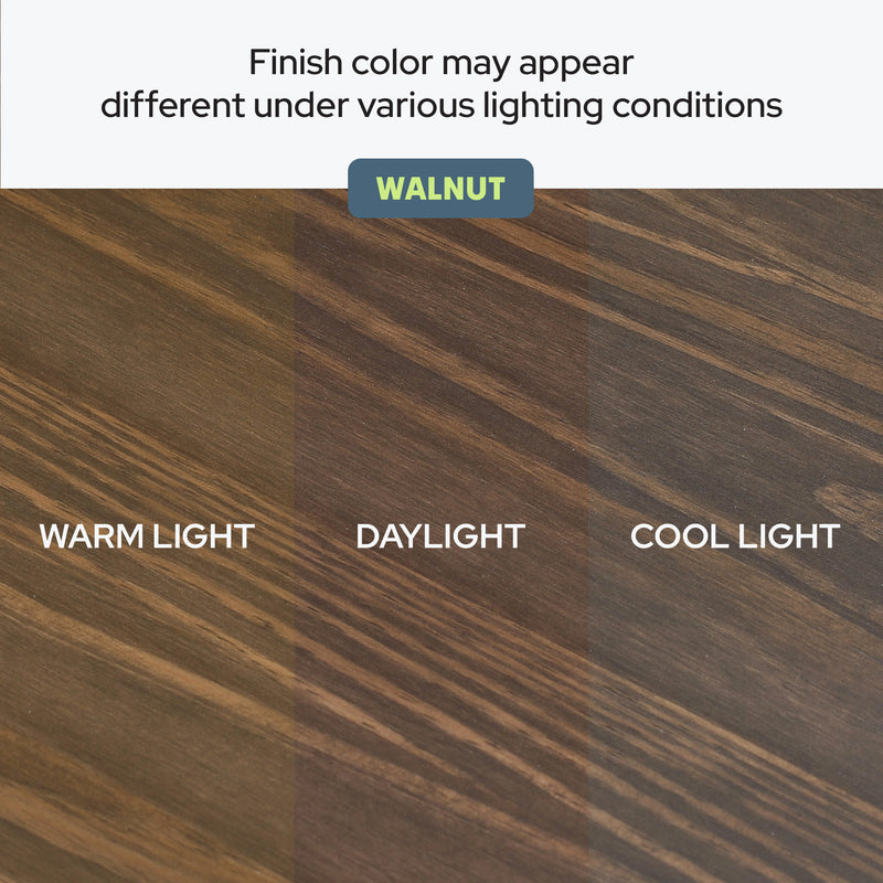 Walnut wood finish color variations under warm light, daylight, and cool light conditions.