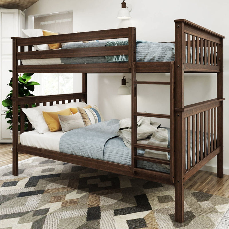 Wooden bunk bed with a modern design, featuring cozy bedding and decorative pillows in a stylish bedroom ambiance.