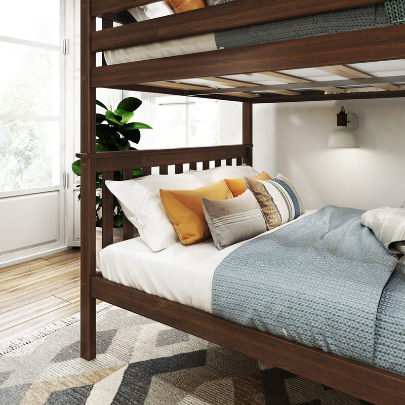 Wooden bunk bed with cozy bedding in a bright, modern bedroom featuring natural light and a decorative indoor plant.