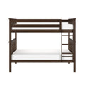 Dark walnut twin-over-full wooden bunk bed with ladder, slatted headboards and white mattresses, space-saving kids' bedroom furniture