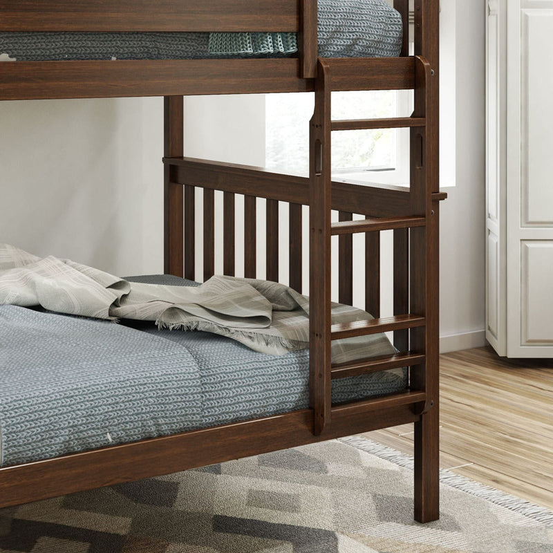 Wooden bunk bed with staircase and blue bedding in a modern bedroom interior.