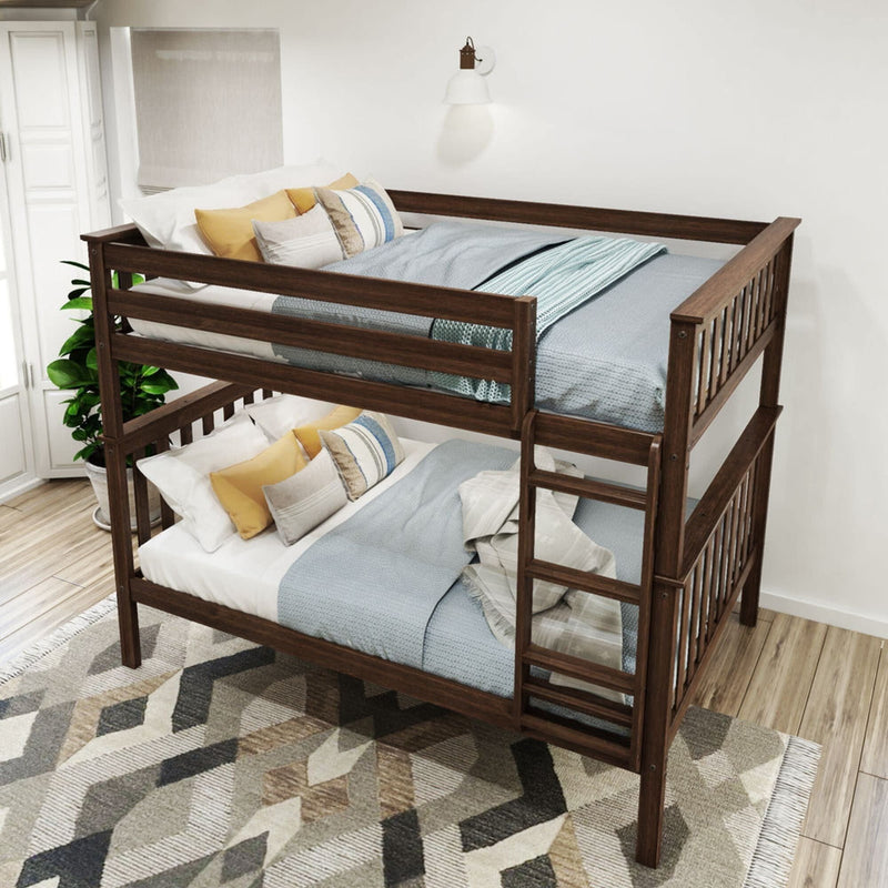 Stylish wooden bunk bed with blue bedding and decorative pillows in a modern bedroom setting.