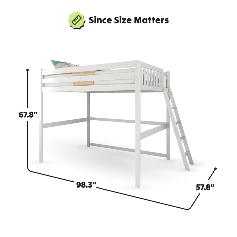 White loft bed with ladder dimensions: 67.8 inches height, 98.3 inches length, 57.8 inches width.