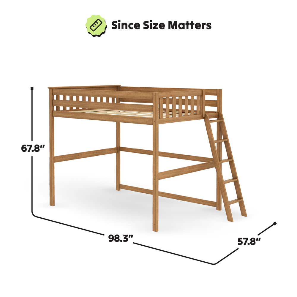 Wooden loft bed with ladder, measuring 67.8 inches in height, 98.3 inches in length, and 57.8 inches in width.