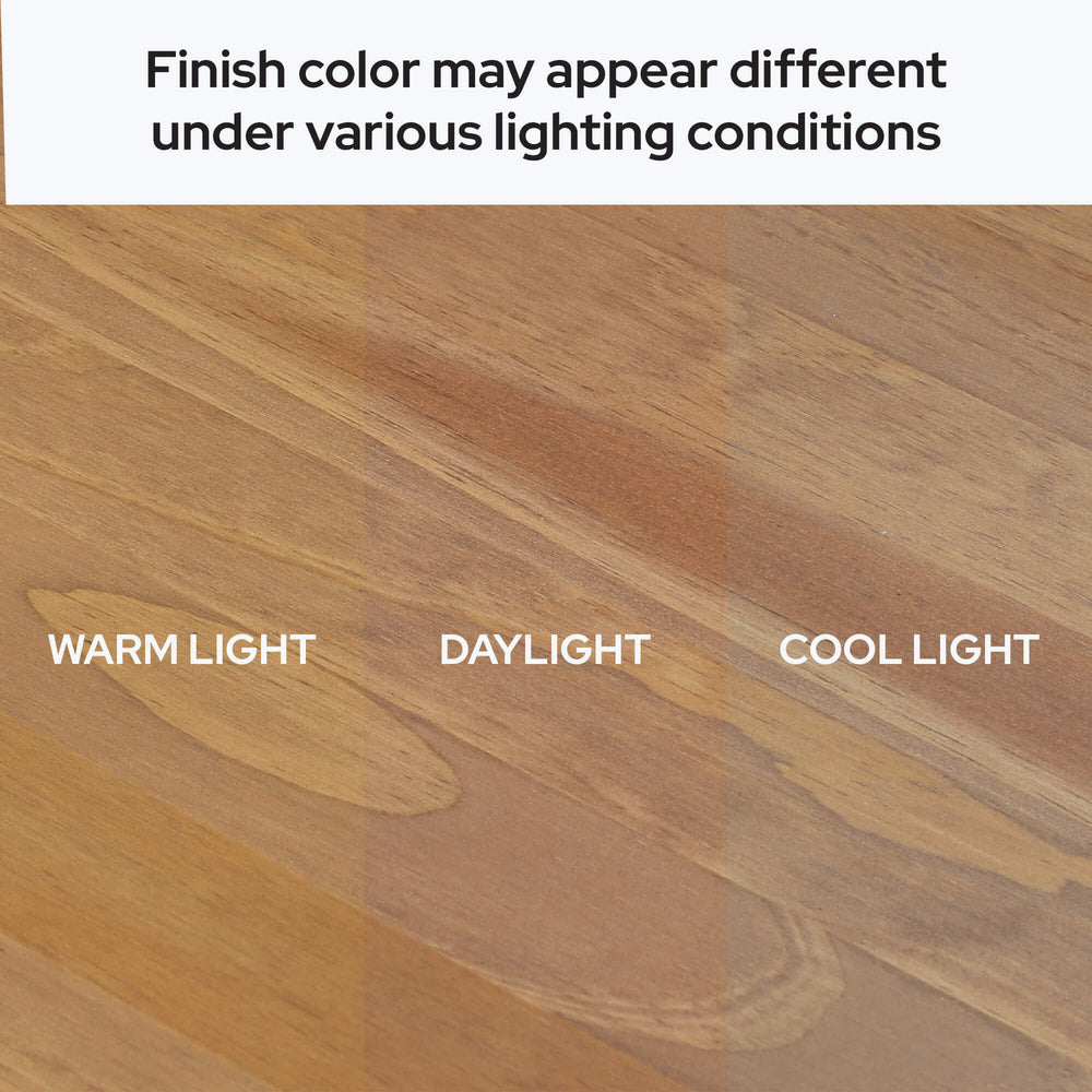 Wood finish color variations under warm light, daylight, and cool light conditions.