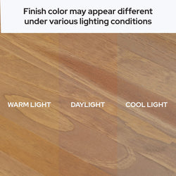 Wood finish color variations under warm light, daylight, and cool light conditions.