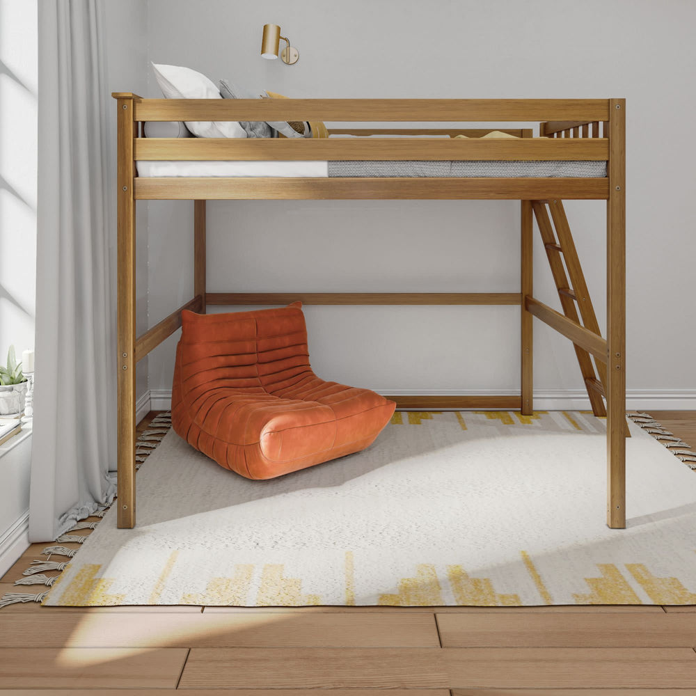 Loft bed with wooden frame and orange bean bag chair, ideal for maximizing space in small bedrooms.