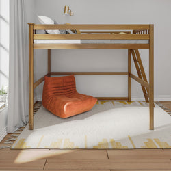 Loft bed with wooden frame and orange bean bag chair, ideal for maximizing space in small bedrooms.