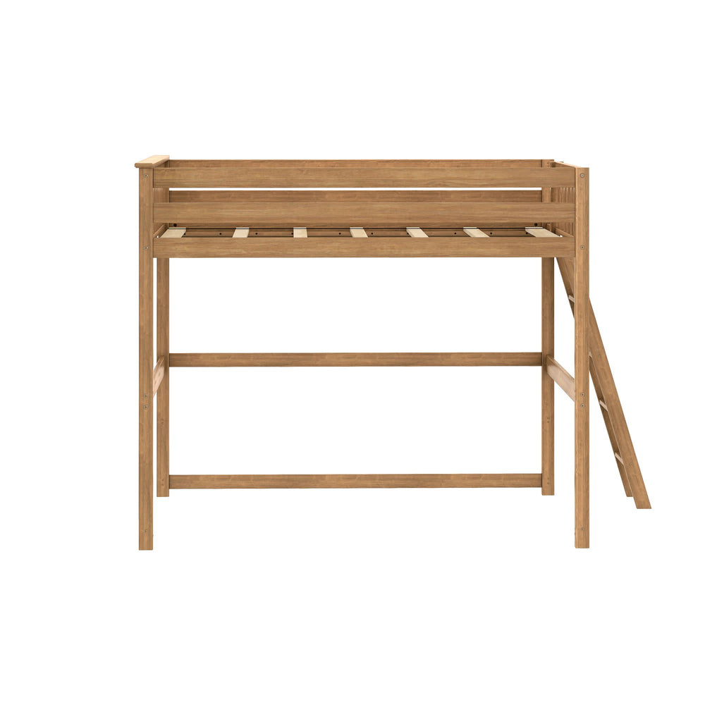 Wooden loft bed frame with ladder, perfect for maximizing space in small bedrooms.