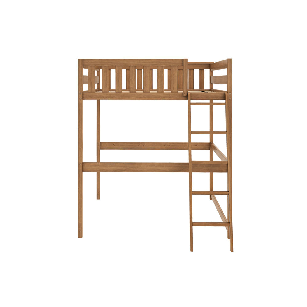 Wooden loft bed frame with built-in ladder and open design.