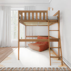 Wooden loft bed with ladder and orange chair underneath in bright, modern bedroom.