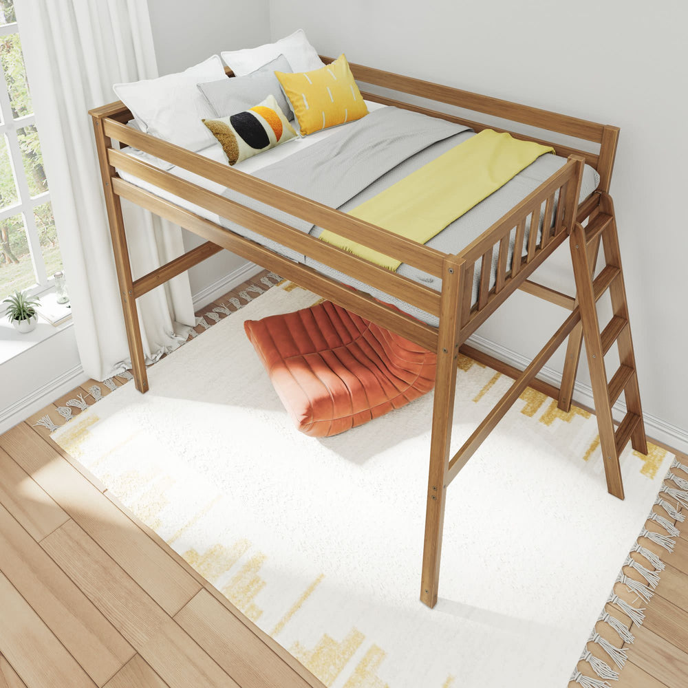 Loft bed with wooden frame, yellow and white bedding, and adjacent seating chair in a cozy, sunlit bedroom.